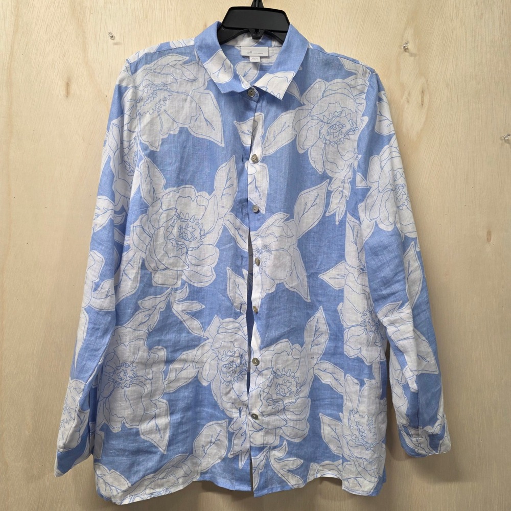 J. Jill 100% Linen Floral Button Down Shirt Blue White Long Sleeve Women M